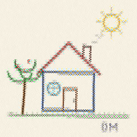 Sample kid drawing of a house, tree, and sun